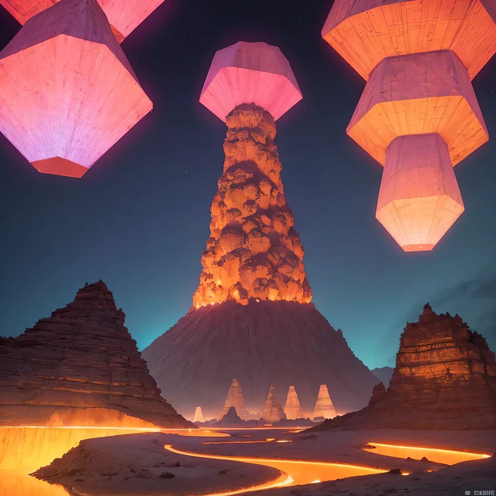 Light orange style,Purple pink series,Alien Hexagonal Base (Nipples are very delicate) In a hexagonal mountain oasis,There are several hexagonal exhaust fans and chimneys, some neon lights project from the base,Light up the night), There are some clouds in the night sky, Some surrounding planets provide air to unknown planets,The most remote giant hexagonal volcano erupts,the rainforest