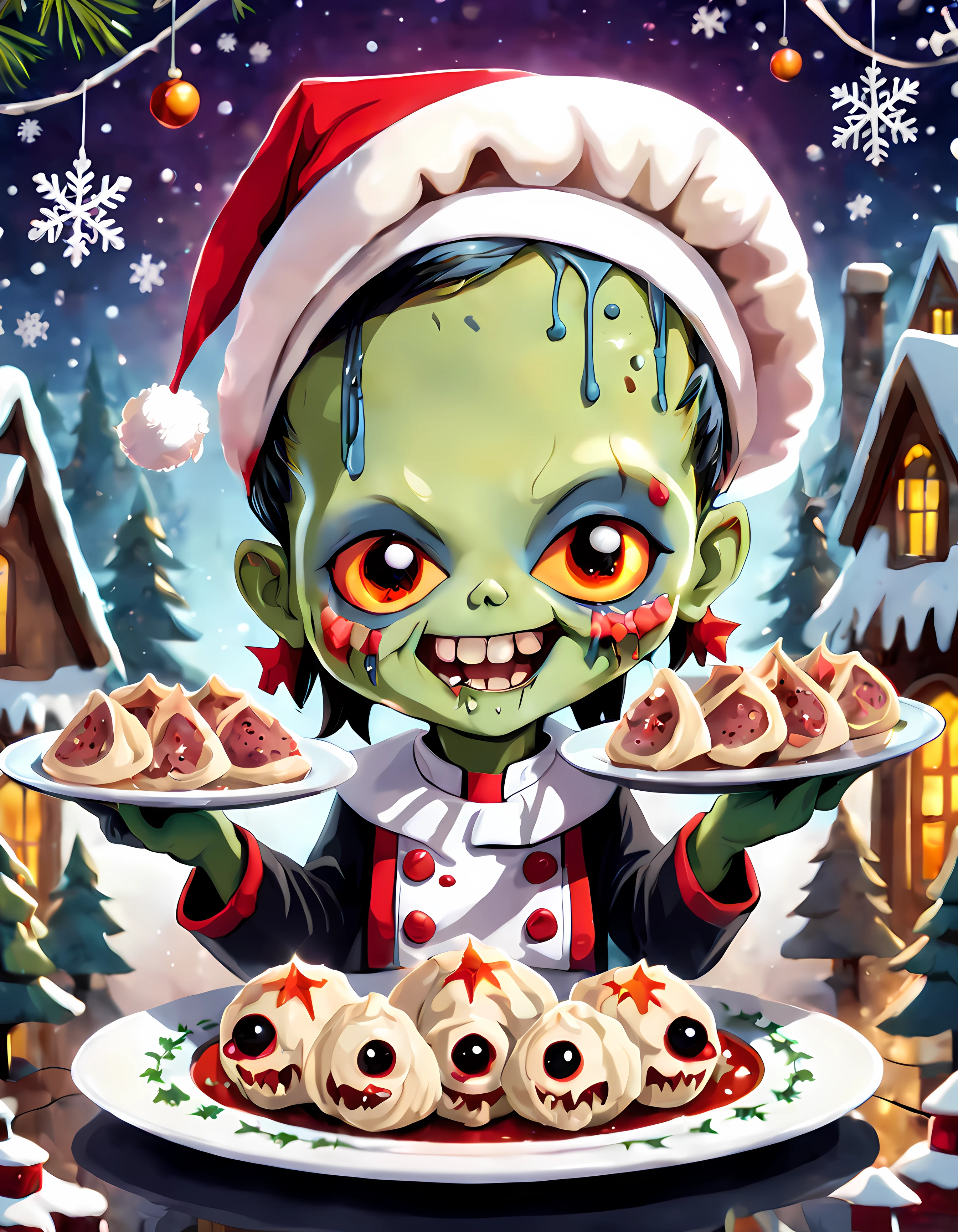 Dessin animé mignon, MignonDessin AniméAF, (Style de dessin animé mignon:1.3), (seulement:1.3). | mots "joyeux noël". | Un grand (autocollant) d&#39;un adorable chef zombie mignon (tenant une assiette de boulettes de viande), (sourire au spectateur), (yeux vifs de morts-vivants). | Ambiance gothique de Noël, (flocons de neige scintillants), nuit étoilée au milieu d&#39;une forêt étrange. | plus_détail