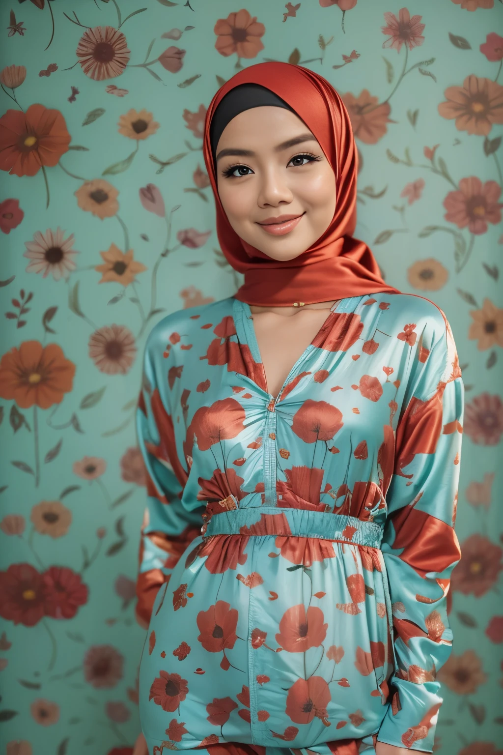 Malay girl in hijab wearing sexy red color satin polkadot pajamas portrait photography, mid shot photo, ultra detail, professional photograph with professional lighting, smile, light blue studio background, sexy seducing pose, curvy