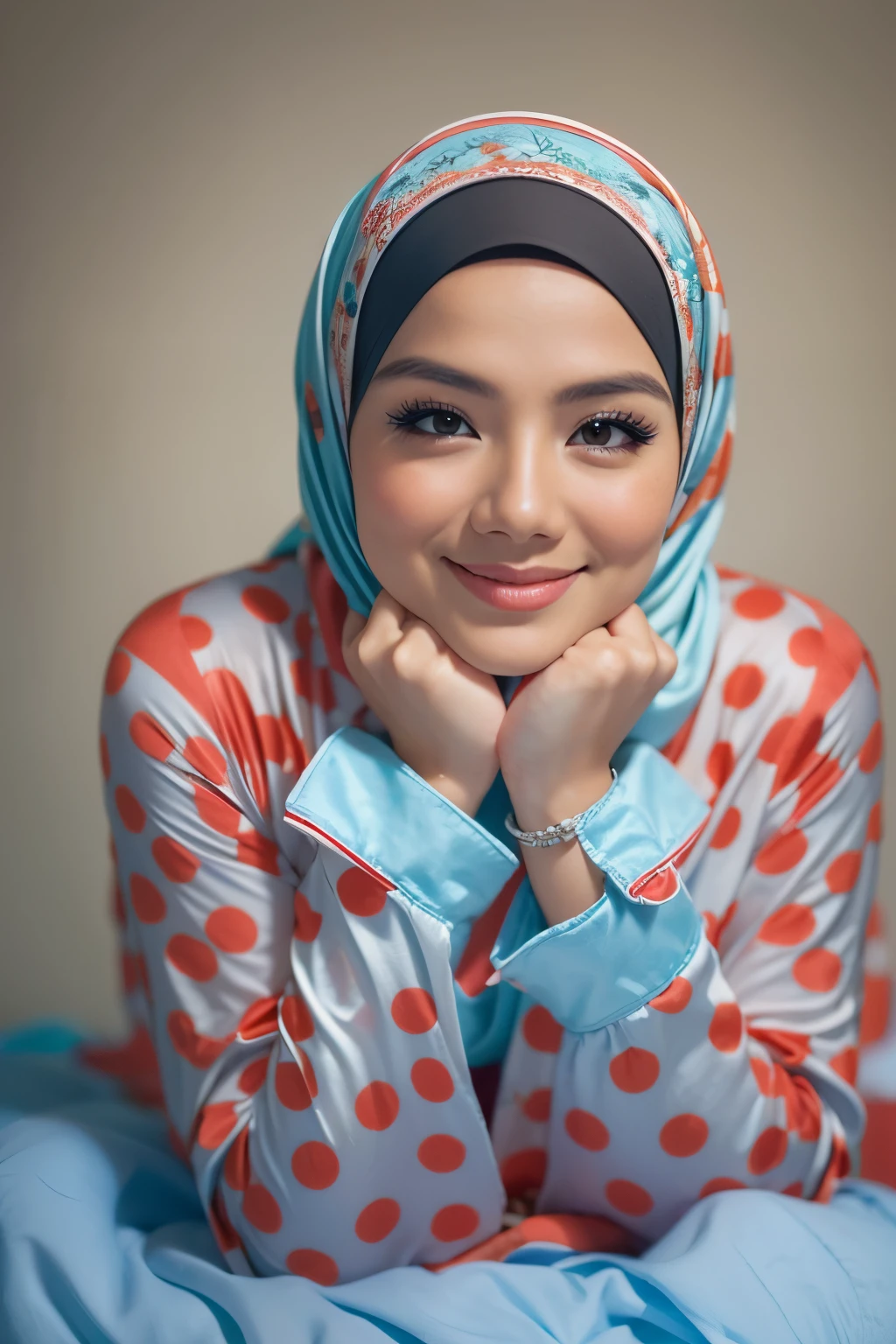 Malay girl in hijab wearing sexy red color satin polkadot pajamas portrait photography, mid shot photo, ultra detail, professional photograph with professional lighting, smile, light blue studio background, sexy seducing pose, curvy