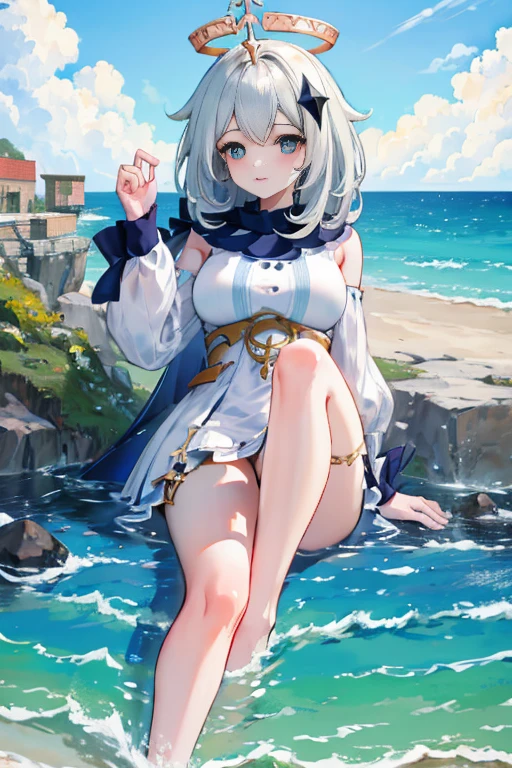 8K，Super quality，ultimate lighting，bit girl，bare-legged，delicated face，Colossal tits，long leges，close-up on legs，low  angle shot，Close-up of lower body，Paimon，adolable，mini giantess，Sitting by the sea，Push the sea water with your feet，Female imps