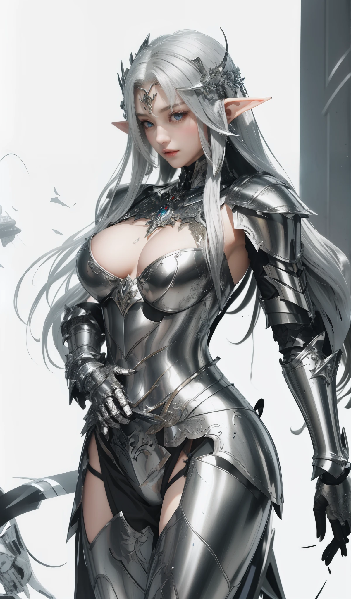 tmasterpiece，Highest image quality，Beautiful bust of a noble elf knight，Exquisite silver-white long hair，Clear  eyeull body armors，silver armor suit，sabre，Ultra-detailed details，advanced。At the Pixiv Art Station，Break your own power，，The kinky is exposed，R-18G