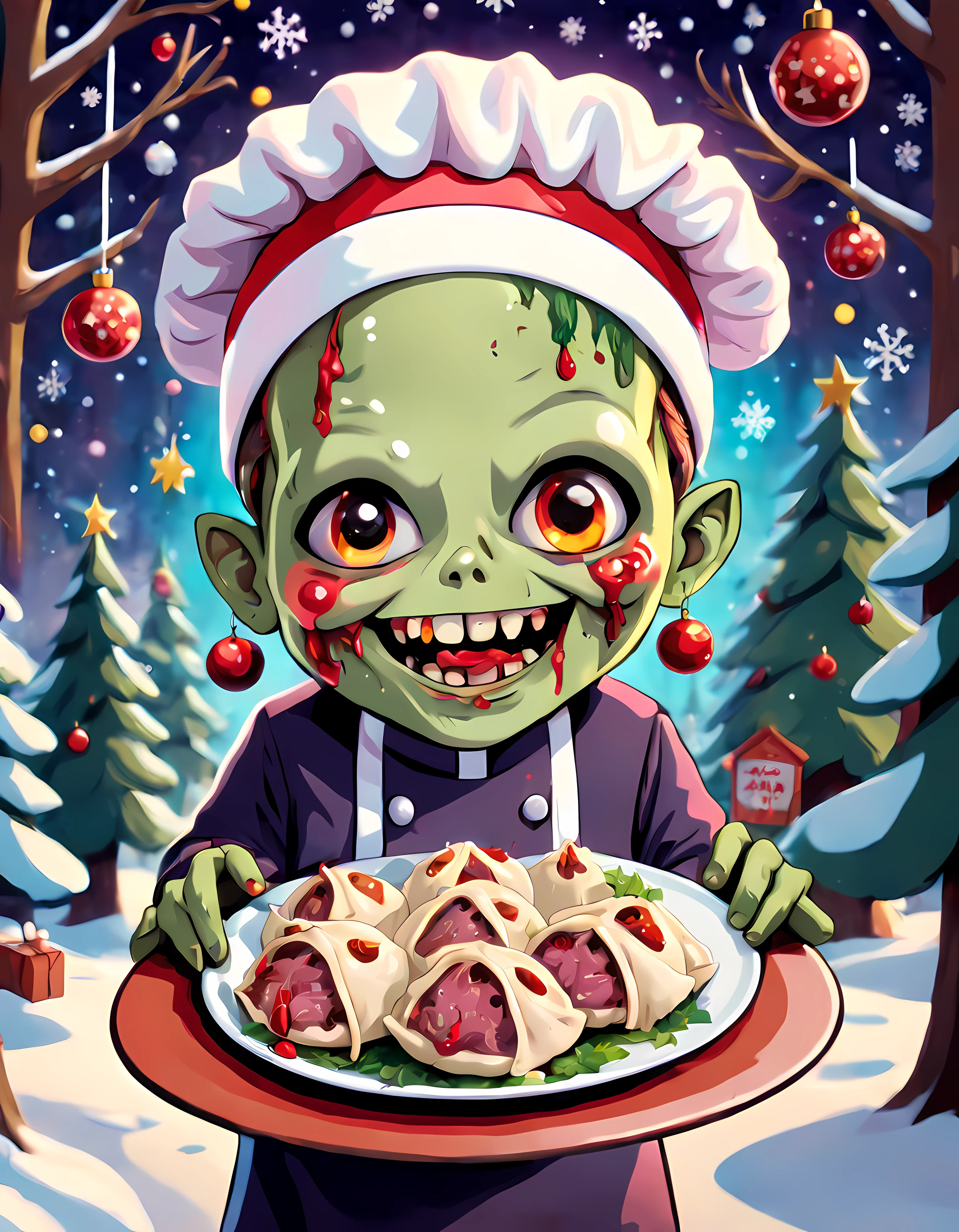 Dessin animé mignon, MignonDessin AniméAF, (Style de dessin animé mignon:1.3), (seulement:1.3). | mots "joyeux noël". | Un grand (autocollant) d&#39;un adorable chef zombie mignon (tenant une assiette de boulettes de viande), (sourire au spectateur), (yeux vifs de morts-vivants). | Ambiance gothique de Noël, (flocons de neige scintillants), nuit étoilée au milieu d&#39;une forêt étrange. | plus_détail