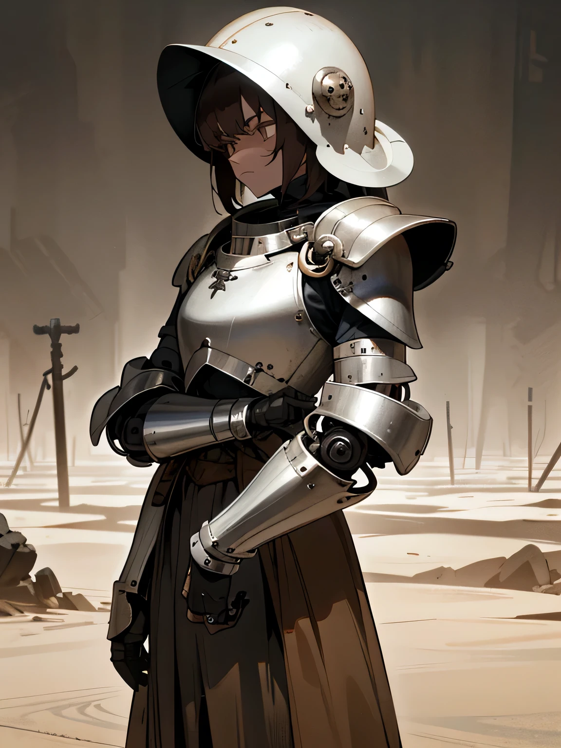 ((dark horror art)), dark mechanized girl, Knee-length portrait, Standing, (squint), A gloomy character, (dark brown skin), gray eyes, brown hair, white pointed helmet, pale bib, ((Rings on hands)), (Highly detailed dark hopeless desert landscape), ash and dust