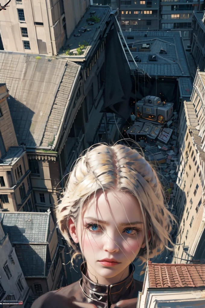 Platinum blonde woman robotic destroyed city Super realistic well detailed