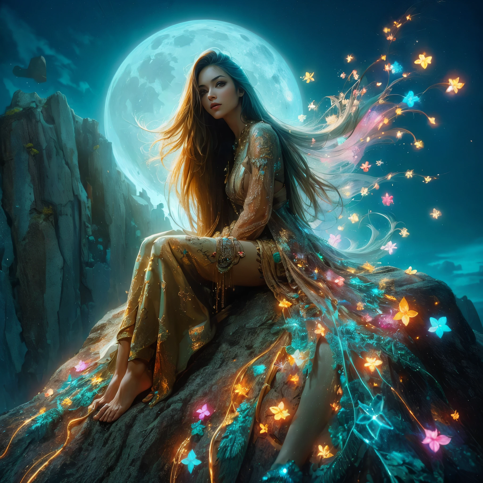 a woman with gigantic breast sitting on a rock with a full moon in the background, digital art fantasy, beautiful fantasy art, digital art fantasy art, very beautiful fantasy art, beautiful digital artwork, fantasy digital art, colorfull digital fantasy art, digital fantasy art ), beautiful digital art, fantasy art style, very beautiful digital art, trending digital fantasy art, beautiful gorgeous digital art, masterpiece, best quality:1.2),,(8k,highres,RAW photo,realistic,photo-realistic:1.3),(detailed skin texture,detailed cloth texture,beautiful detailed face:1.25),professional lighting,photon mapping,beautiful soft light,radiosity,physically-based rendering,raytracing, model shoot style, model shoot style, (extremely detailed CG unity 8k wallpaper), full shot body photo of the most beautiful artwork in the world,