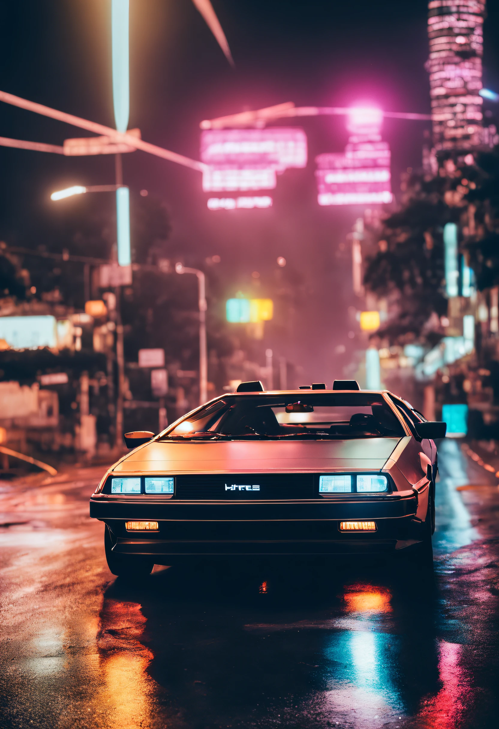 delorean acelerando muito em noite chuvosa, postos de conveniencia a margem da ponte, luzes 4k, neon, lights, vaporwave, intrigancia, velocidade, imagem em movimento, chuva, farol alto iluminando estrada bem sinalizada, estrada molhada, high definition reflections, interior do carro aconchegante com 1 passageiro homem, 26 anos, barba pequena, latino, sombras, contrastes, luzes