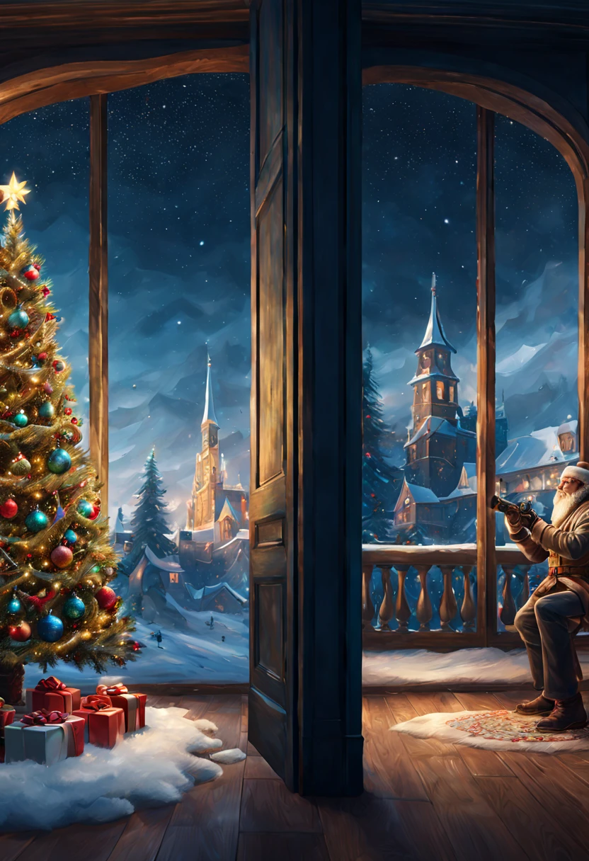 confrontation split screen theme of Christmas Eve, intricate, (masterpiece, Representative work, official art, Professional, unity 8k wallpaper:1.3)