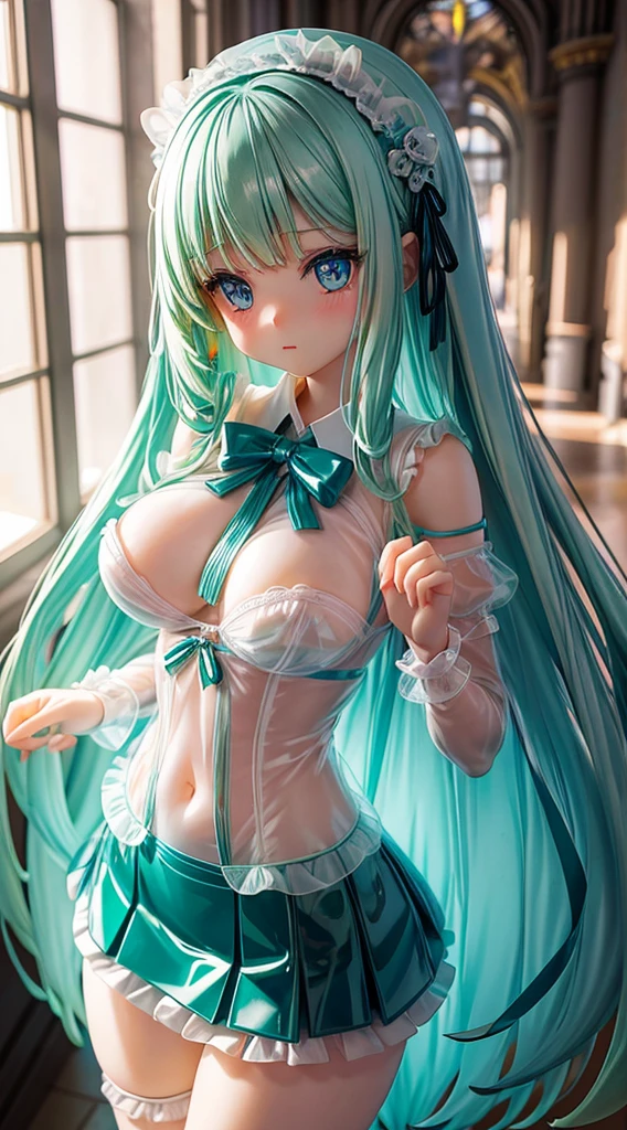 Real View,clear blue shining eyes,Shy face,Cute,kawaii girl, Constriction,big breasts thin waist,Slim big,light green shiny long hair,Transparent vinyl sailor ribbon shoulder shirt,See-through vinyl pleated skirt,Embarrassing pose,ring light,Light source from below,Louvre Museum,companion,spot light,