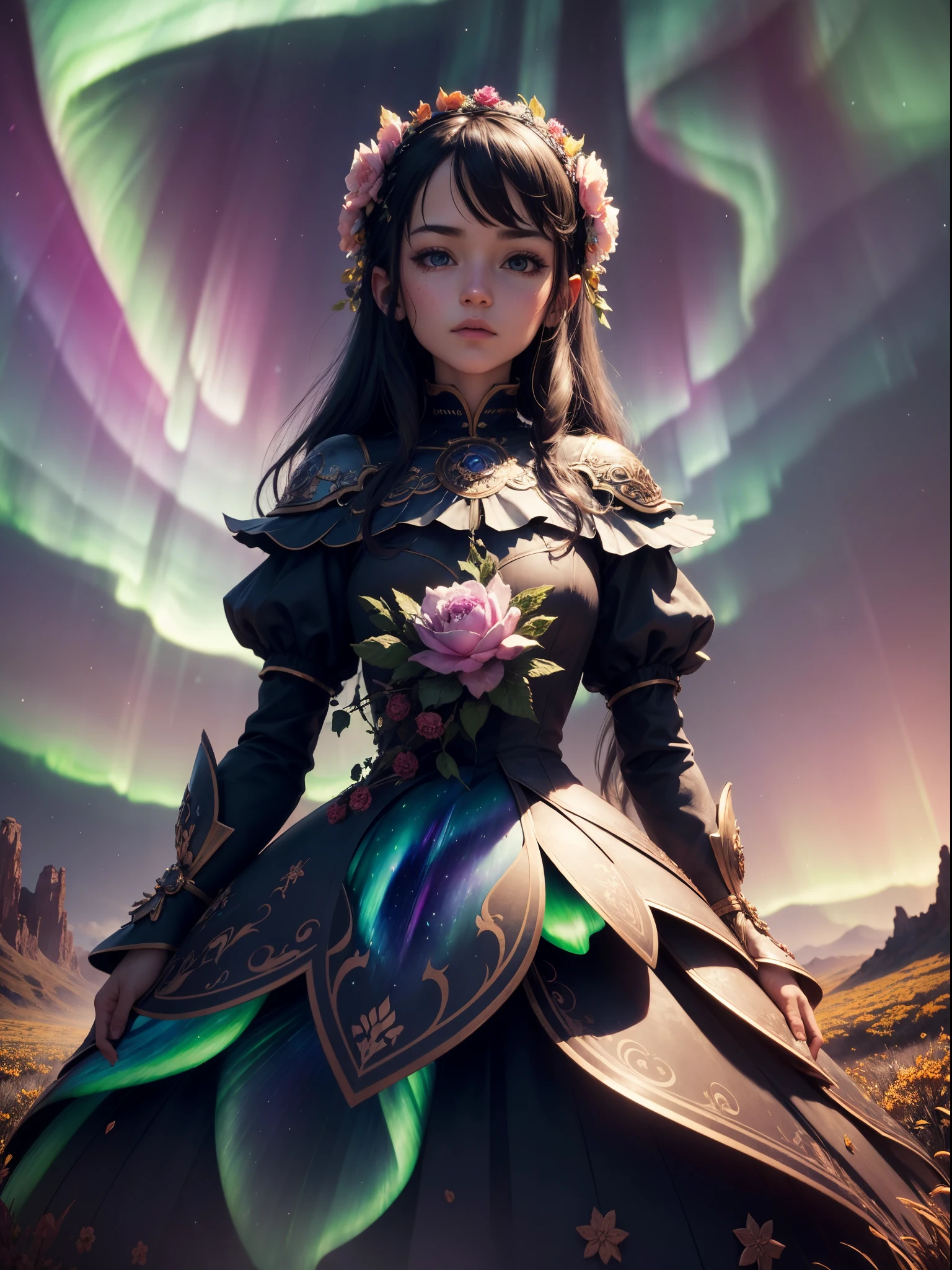 ((Best quality)) , ((Masterpiece)) , (Detailed) , Bloom in brilliant colors,Deafening landscape (aurora:1.3),facial,(Fantasy illustration:1.3), Masterpiece, Glowwave, Surreal, Dense field with TWIG, nevando, ultra fine detailed, Lonely, cold lighting, f/1.8, anaglyph filter, Extreme dreams, Biomorphic form, octane engine, A high resolution, 8K resolution