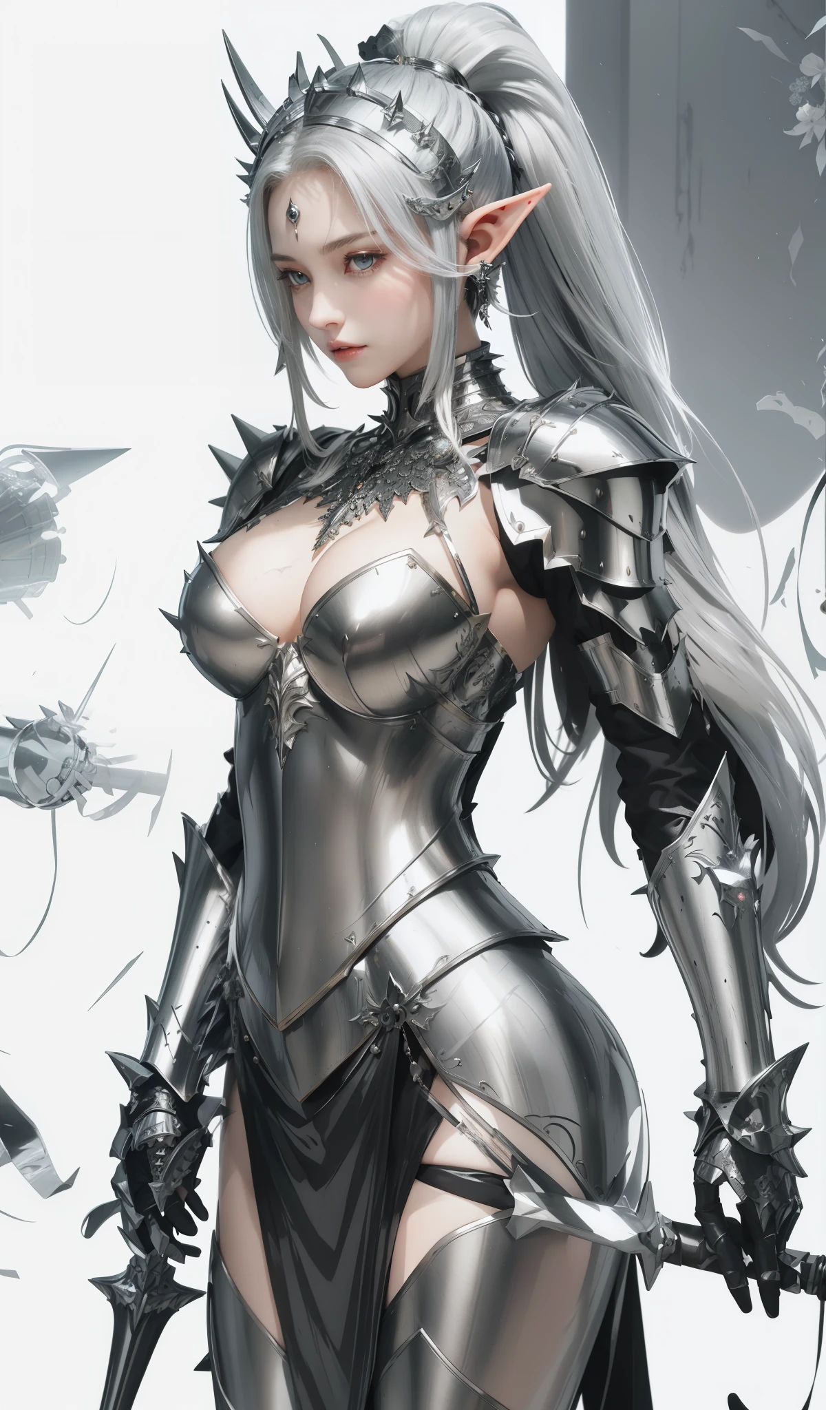 tmasterpiece,The same spiked helmet and high ponytail as in the original picture,Beautiful bust of a noble elf knight,Exquisite silver-white long hair,Clear eyeull body armors,silver armor suit,sabre,Ultra-detailed details,advanced。At the Pixiv Art Station,Break your own power,,The kinky is exposed,R-18G