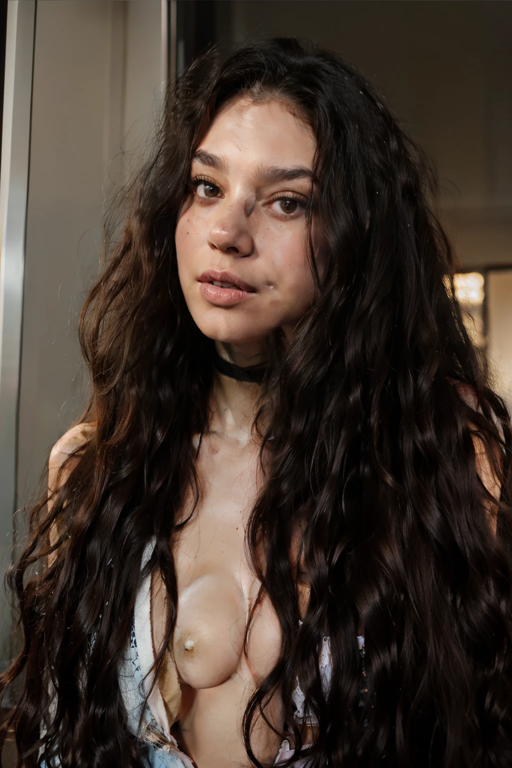 arafed woman with long dark hair and a black bra, curly middle part haircut, wavy hair spread out, lorde, wavy shoulder-length hair, vibrant dark wavy hair, black wavy hair, with long curly hair, portrait sophie mudd, flawless olive skin, long messy curly hair, wavy long - length black hair, wavy black hair, long curly brown hair