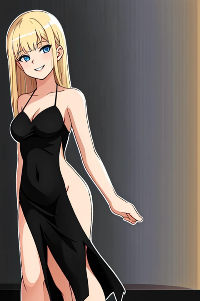masterpiece, best quality, young blonde woman, blue eyes, wearing a little black dress, blackdresslora, looking at viewer, nightclub background, disco lighting, standing up, Smile,