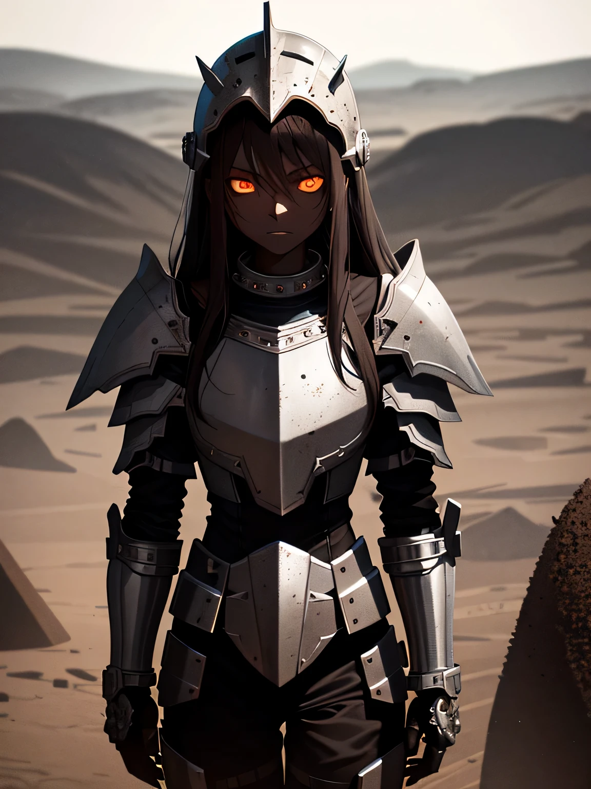 ((horror art)), Dark mechanized medieval girl, Knee-length portrait, Standing, (squint), A gloomy character, ((dark brown skin)), gray eyes, brown hair, white pointed helmet, pale bib, ((Rings on hands)), (Highly detailed dark hopeless desert landscape), ash and dust