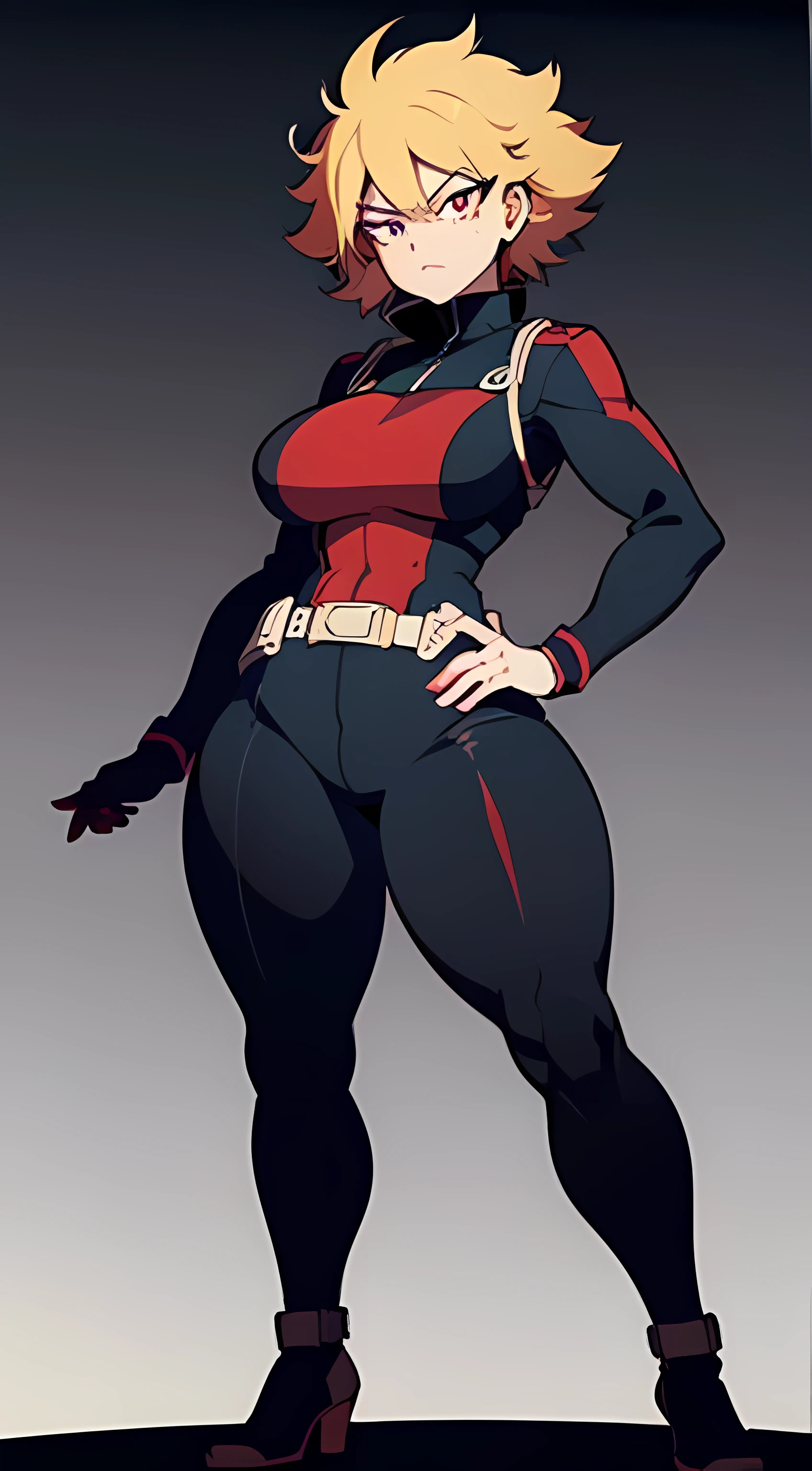 (sharp lineart,no blur,no reflections,flat lighting,flat colors,low detail,animation,anime,best quality) (boku no hero academia style,2d,anime),1girl,25yo,mature looking,(tan skin),villainous(red, short, messy hair),(cruel red eyes),serious expression,large body to head ratio,large breasts,wide hips,({very thick large black jumpsuit with dark red and yellow highlights}).facing forward,full body and face focus