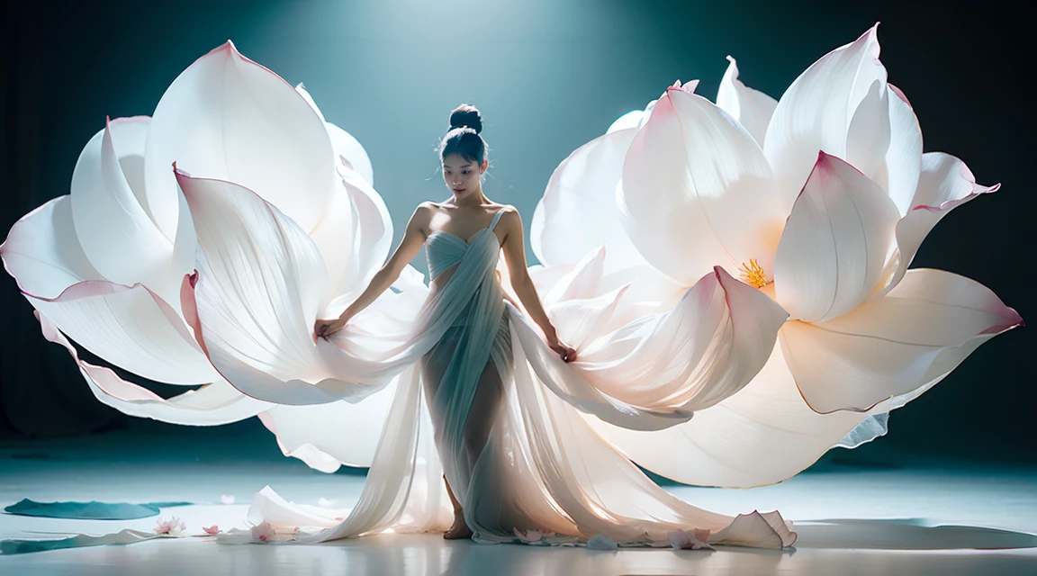 Light pink and light white tones,full bodyesbian, white backgrounid, Natural lighting, Efeito de Luz, minimalist, Elegant, pure tenderness, softlighting, realisticlying. A woman who is (鎖骨, bshoulders,) posing on a (pray and stand) A super giant lotus with large and long petals (Petals are made of thin, soft gauze fabric, Full background of flowing petals, floating petal, super flying petals, Smoke effect mixed with petals), Lotus dress,((ssee-through)).