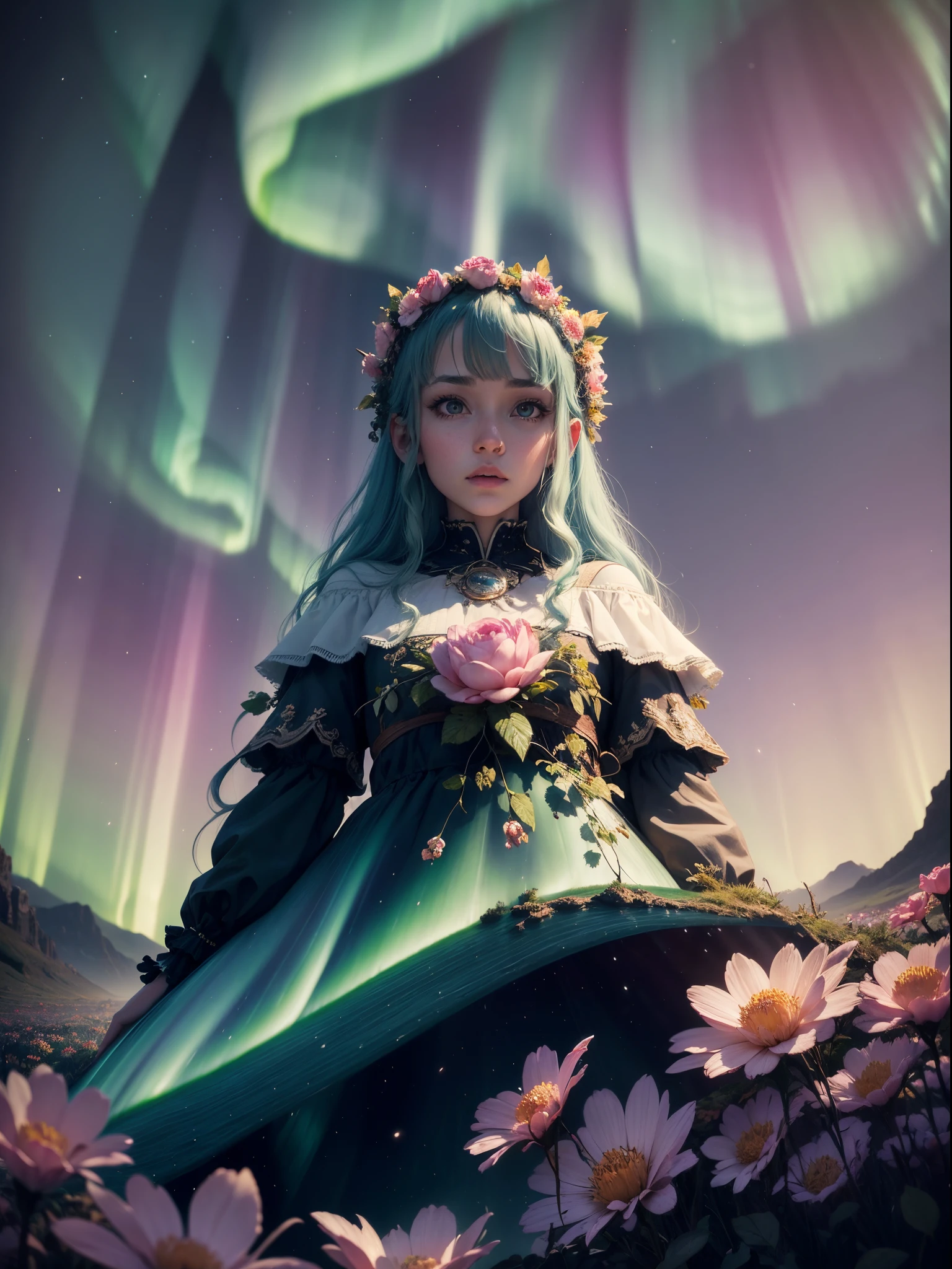 ((Best quality)) , ((Masterpiece)) , (Detailed) , Bloom in brilliant colors,Deafening landscape (aurora:1.3),facial,(Fantasy illustration:1.3), Masterpiece, Glowwave, Surreal, Dense field with TWIG, nevando, ultra fine detailed, Lonely, cold lighting, f/1.8, anaglyph filter, Extreme dreams, Biomorphic form, octane engine, A high resolution, 8K resolution