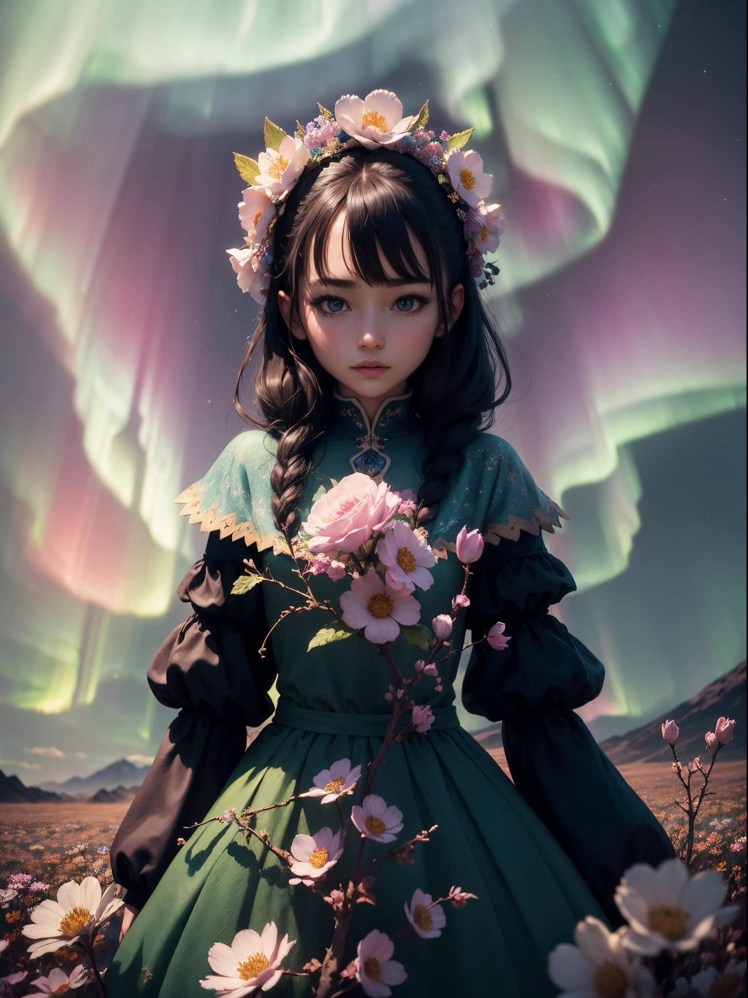 ((Best quality)) , ((Masterpiece)) , (Detailed) , Bloom in brilliant colors,Deafening landscape (aurora:1.3),facial,(Fantasy illustration:1.3), Masterpiece, Glowwave, Surreal, Dense field with TWIG, nevando, ultra fine detailed, Lonely, cold lighting, f/1.8, anaglyph filter, Extreme dreams, Biomorphic form, octane engine, A high resolution, 8K resolution