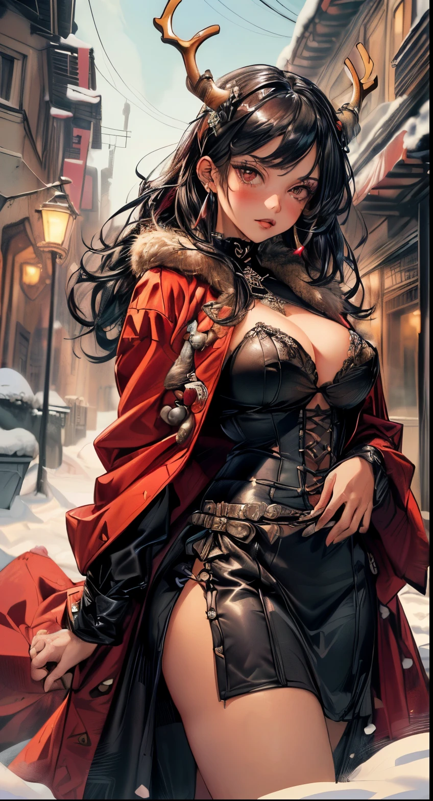Gothic rena girl,(((1girl))),((extremely cute and beautiful black hair anime gothic rena girl)),
(((Hairry lair:1.2), _ree, reindeer_ Horns,(huge Horns:1.2),)),,dropped hair on the chest, long ponytail hair:1.35,big horse tail hair, long hair,colored inner hair,ear breathing)))),((red eyes,eyes facing up:1.3,beautiful detailed eyes,beautiful finely detailed eyes:1,great highlight in the eyes:1.2,inclined eye)),(((Luster skin:1.5,bright skin:1.5,tan skin,bright skin,very shiny skin,body,plastic glitter skin,exaggerated shiny skin,reflexive skin)),(spider abdomen,narrow waist,wide waist,athletic body,inflated legs,delicate fingers,detailed body,detailed arms,human hands,(Detailed face)),
cute,soy,seductive,erotic,(((no_NSFW))),
Zettai Ryouiki,Revealing clothes,show skin,(((Sexy gothic fur coat, gothic fur coat clothing, wearing a gothic fur coat:1.3,dark red winter coat))),((black miniskirt,black mini skirt with hairy edge,Gothic straplack visible thong clothing,semi-naked,with little Gothic clothing,(((black shadow,Thick Black Eyeliner,Long and dramatic eyelashes,black lips,planets Accessories,Planets ornaments)))),(planets in their clothes,detailed clothing,detailed clothes),
(Dynamic pose:1.0), ground focus, embarrassed, centered, scale to fit the dimensions, rule of thirds,
Twilight,holiday village background,winter,nevestorm in background,(Pinhal),Detailed background:1.25,snow covered,lots of snow,snow,snow forest background,(((bright snowflakes,sparkling details))),Christmas tree,
(Best quality),(very high resolution),(clear focus),(ultra detailed),(extremely detailed),(very high quality artworks),8k_wallpaper,(extremely detailed CG 8k),(very thin 8K CG),((hyper super ultra detailed perfect piece)),impeccable,(((master piece))),illustration,vibrant colors,(intricate),high contrast,Selective illumination,double exposure,HDR (high dynamic range),Post-processing,background blur,
