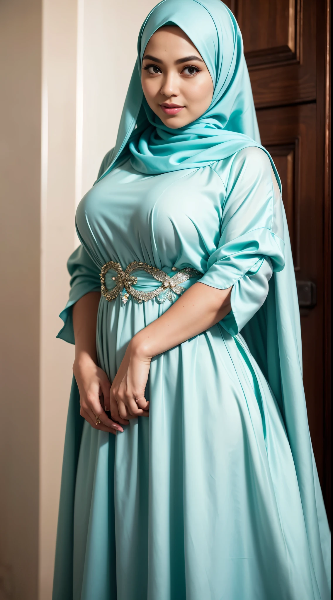 (Close up), RAW, Best quality, high resolution, masterpiece: 1.3), beautiful Malay woman in hijab, Masterpiece, perfect body, Big breasts, thick thighs, beautiful big eyes, mole under the eyes, long eyelashes, big eyes,beutifull face, Soft smile, woman in a green dress and white purse standing in front of a gate, modest flowing gown, long dress female, full covered dress, detailed dress and face, soft silk dress, dress in voile, wearing an elegant dress, beautiful soft silky dress, light half opened dress, turqouise, pastel green, belly free teal dress, femme , Great lighting, Bright colors, Clean lines