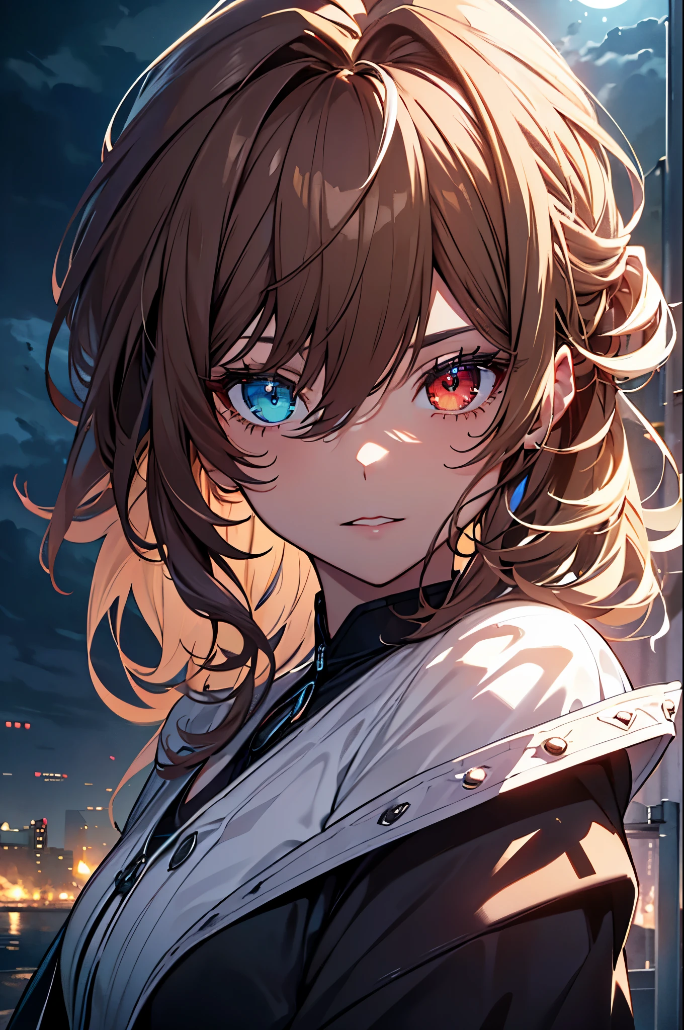 masterpiece, best quality, ((((1girl)))), (colorful),(finely detailed beautiful eyes and detailed face),cinematic lighting,extremely detailed CG unity 8k wallpaper, sky, cloudy_sky, building, moonlight, moon, night, (dark theme:1.3), light, fantasy, ((Heterochromia)) ((Brown Hair))