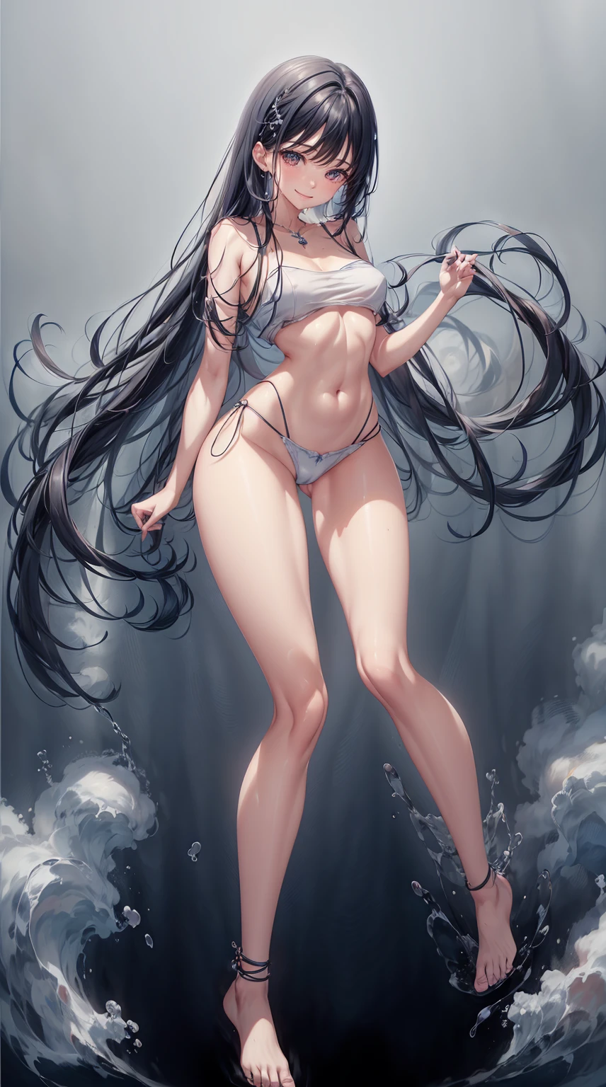Mulher, beautiful body medium chest big ass pose sideways short clothes tight short shorts sexy white wet blouse, pose sexy provocante. Boat background scene in the middle of the ocean clear sky with white clouds, beautiful symmetrical face smiling, cabelo curto com franjas com mecha azul tom do cabelo escuro, cor dos olhos, azul.