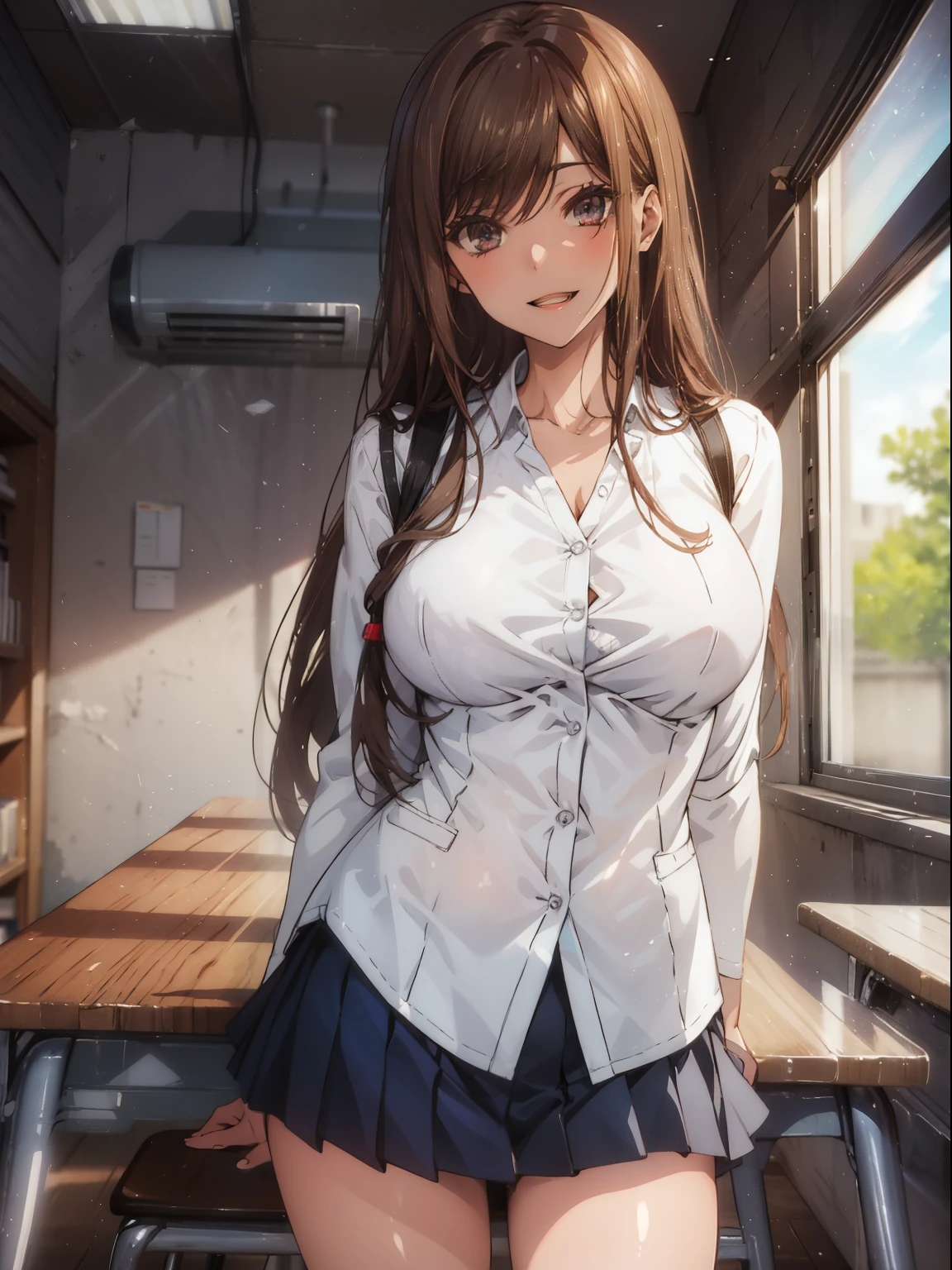 best quality、Full members、complete fingers、Sexy beauty big breasts, shirt buttons open, 1 person、ssmile、double teeth、shy expression、School clothes、knee high、straighten legs、Place hands on hips, in a quiet classroom.