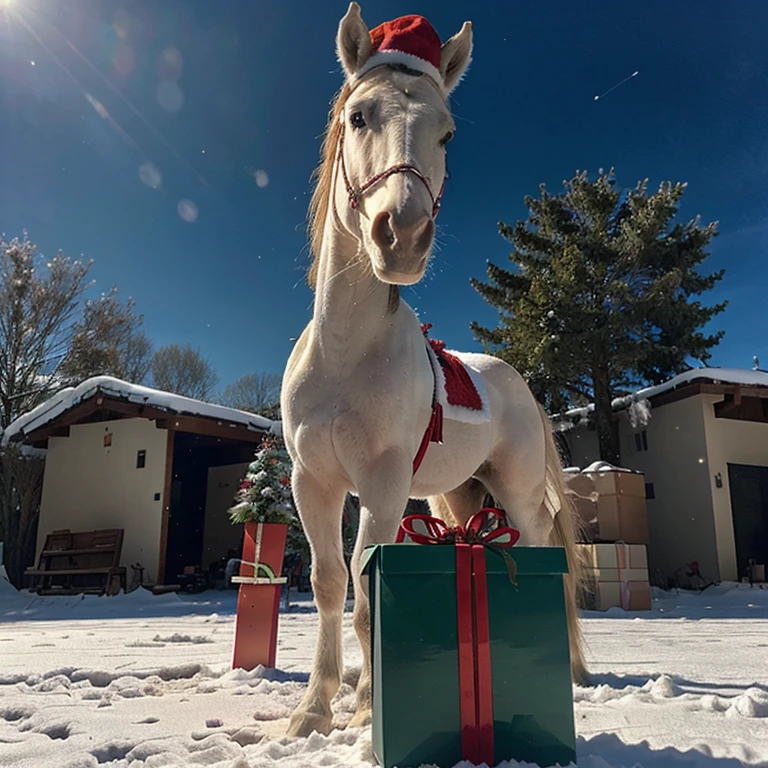 Nature, dancing snow, Christmas tree in the background, lots of gift boxes under the tree, beautiful horse with Santa hat in front, face facing forward