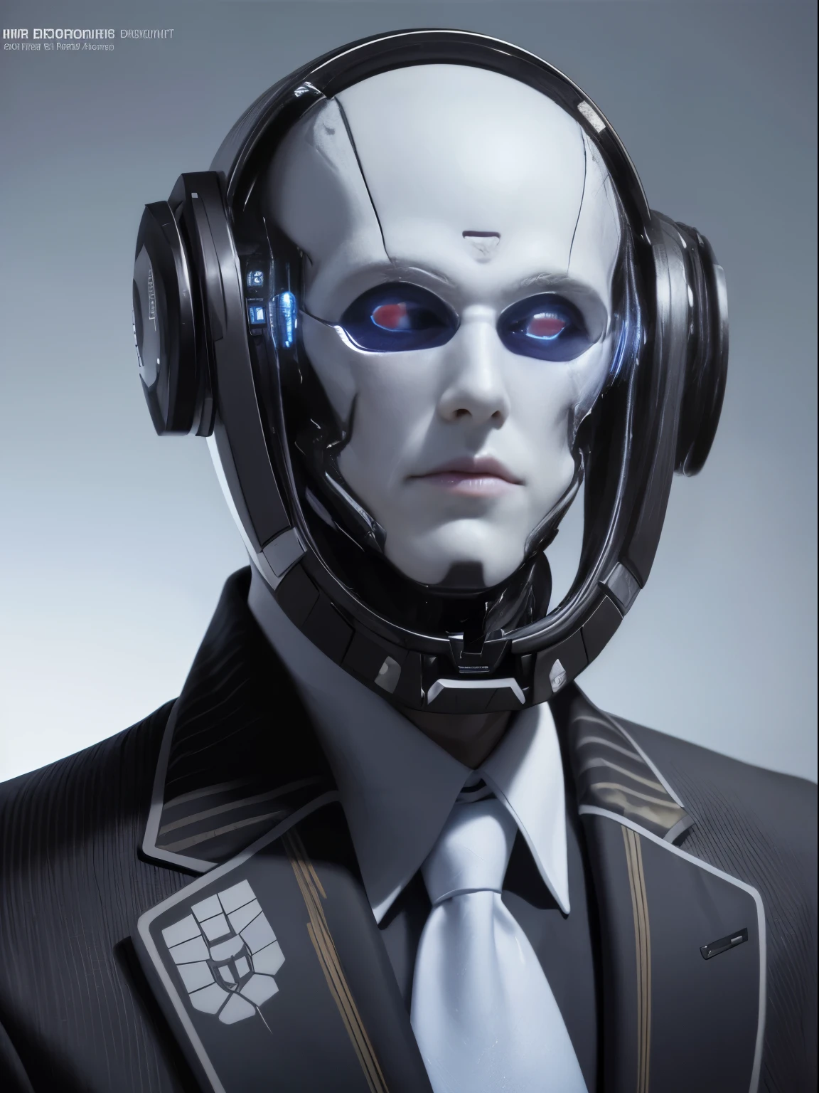 there is a man in a suit and tie with a robot head, digital art, robot with human face, portrait of male humanoid, detailed humanoid, portrait of a futuristic robot, humanoid portrait, human with one robot eye, evil artificial intelligence, humanoid character, integrated synthetic android