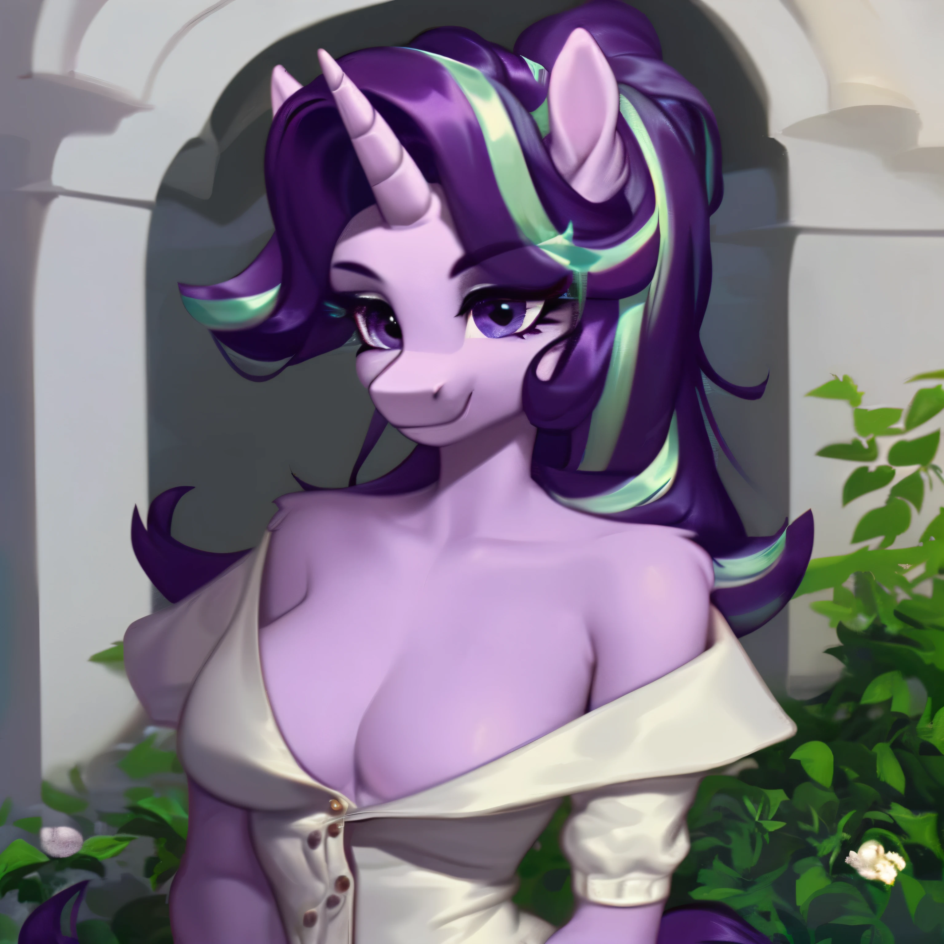 (score_9), (source_pony), (solo), (alicorn), ((anthro starlight glimmer fusion twilight sparkle:1.2)), (librarian dress), facing you, sexy, smiling, sensual, long Messy hair, anatomically correct, night garden, standing near fountain, big breast, half body, anime art style