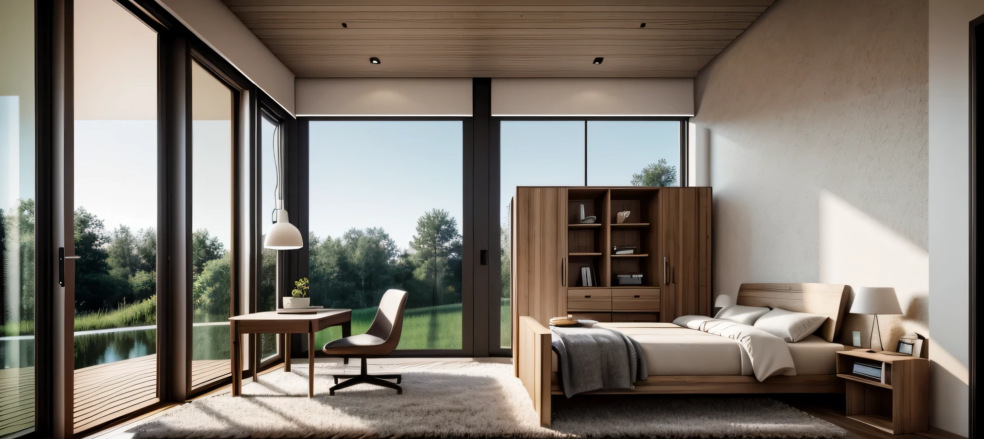 utral realistic, best quanlity, raw photo, interior, bedroom, ((Scandinavian style)), wooden floor, bed, sunlight, window, URBAN VIEW window, render 8k,