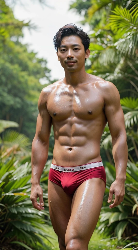 Korean man, Gong Yoo, Gong Yoo, 30 years old, slightly brown eyes, dark eyebrows, a slight mustache, brown hair, hair parted in the middle, lips, high nose, Gong Yoo's face, good figure, big muscles, has muscles above....Good muscle tone, arm muscles, leg muscles, pink nipples, a little hair, clear red underwear with a large center......The bulge is second to none, extremely naked, large bulge underwear, lifelike, high resolution, standing in the forest, arm and leg resolution, white body skin, shiny skin, wet skin, facial resolution, Gong Yu, handsome man, short hair, portrait, Gong Yu, High resolution 50k camera photos, eyes looking at the camera, smiling, man, Gong Yoo..... Handsome, big muscles, six pack, handsome...... 30 years old, really like Gong Yoo.