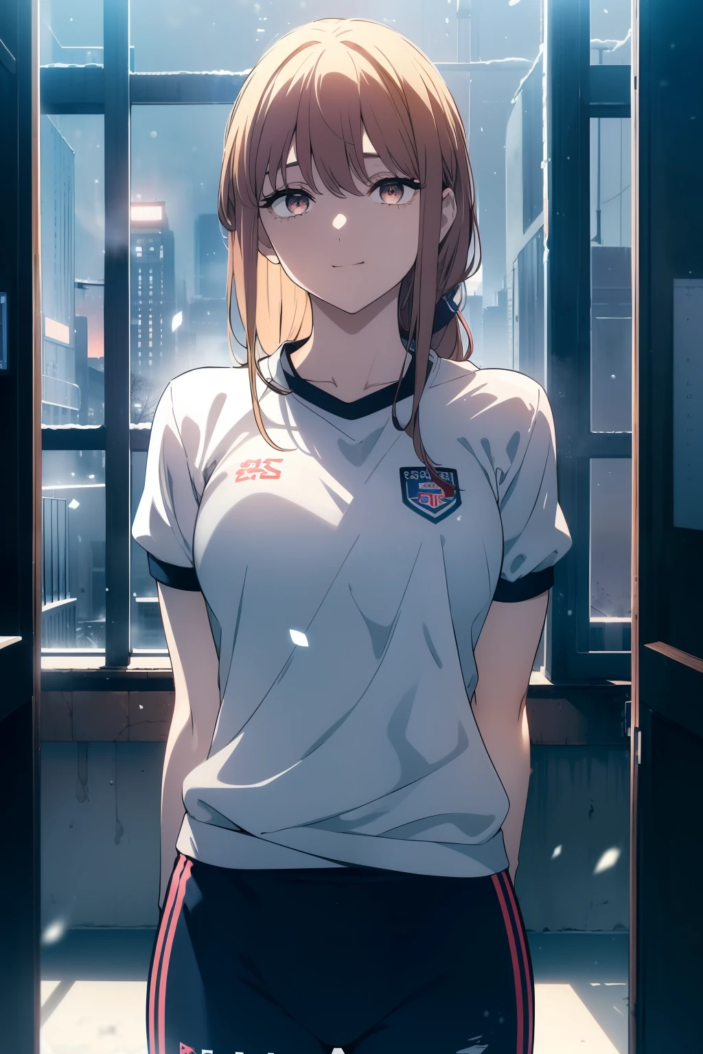 ((Obra maestra, La mejor calidad, ultrahigh resolution)), (((a girl in a gym uniform, blue Japanese ladies gym unform, ash _blonde:1))), long hair cut, pale skin, ((brown eyes)), glowing_eyes, neon eyes, (ultra detailed eyes:0.7, beautiful and detailed face, detailed eyes:0.9), ((centered)), ((cute smile, pretty)), facing viewer, eye level, ((vibrant background, snowy landscape, cityscape, snowing)), flat chested, looking at viewer, ((half closed eyes)), ((perfect hands)), (((head:1, arms, hips, elbows, in view))), ((hands behind back)), empty eyes, beautiful lighting, outside, outdoors, background, defined subject, 18 years old, (head tilt)