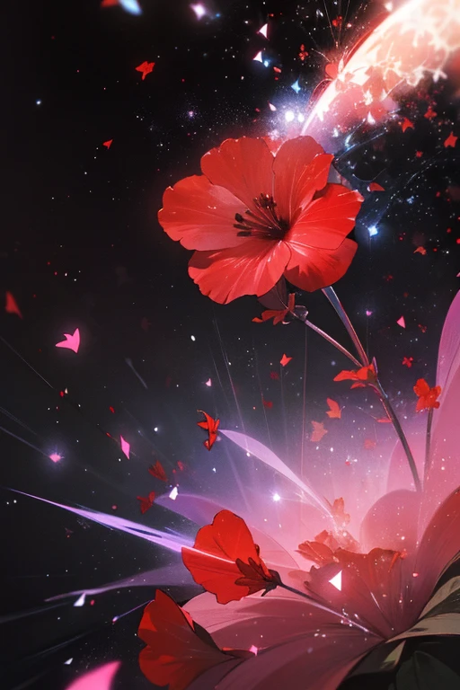 Transparent Hibiscus flower of red color, transparent petals, ((focus on flowers)), ((hibiscus flower)), ((particle effects:1.5)), ((black background))