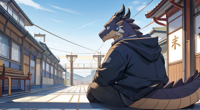 Herbivoredragon, solo, male, adult, black scalie, black horns,big tail, blue sky eye, Detailed face, chubby body,Human body posture, digital artwork , wearing Hoodie, Wearing a headset around the neck, Tokyo city, Shinkansen station, sitting on a bench, 3 point perspective, far view angle,Place the characters on the right, wallpaper, masterpiece quality