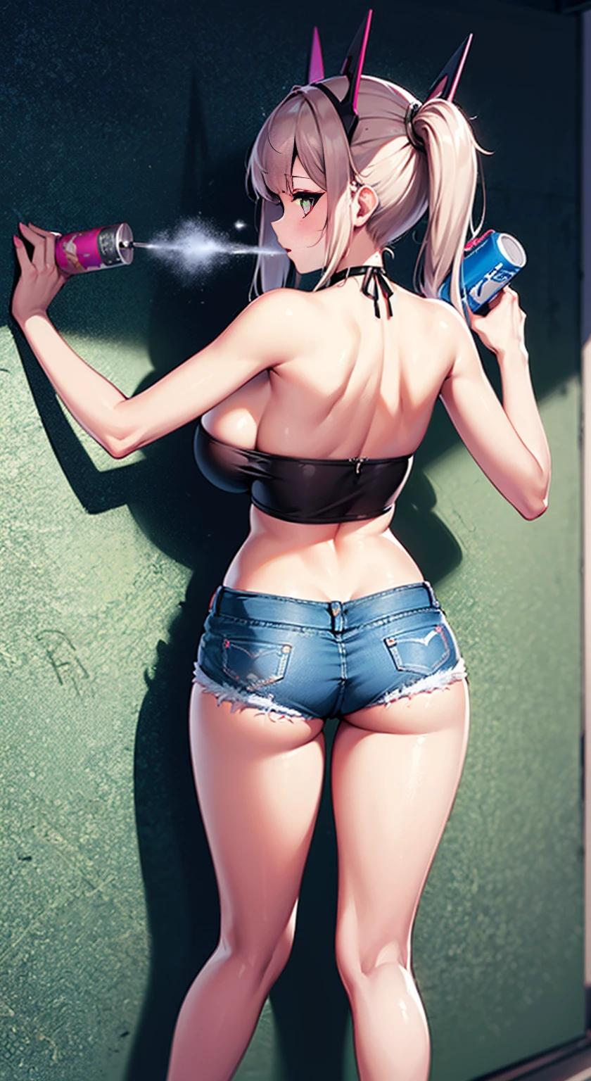 8K,Ultra Detail,ultra-quality,ultra precision,ultimate masutepiece, Girl(short stature)(He holds a paint spray can in his right hand.),big boobs,big Thigh,tube top,short pants(material jeans),twin tail,cool Graffiti on the wall,Cyber punk back street,