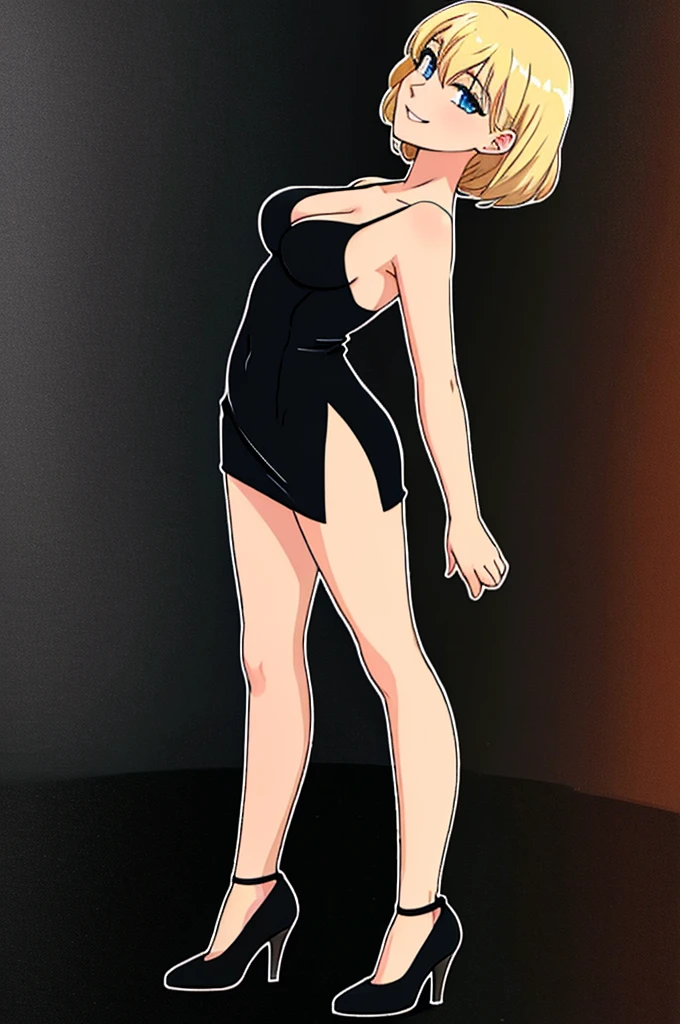masterpiece, best quality, young blonde woman, medium hair, blue eyes, wearing a little black dress, blackdresslora, black high heels, looking at viewer, smile, nightclub background, disco lighting, standing up, seductive