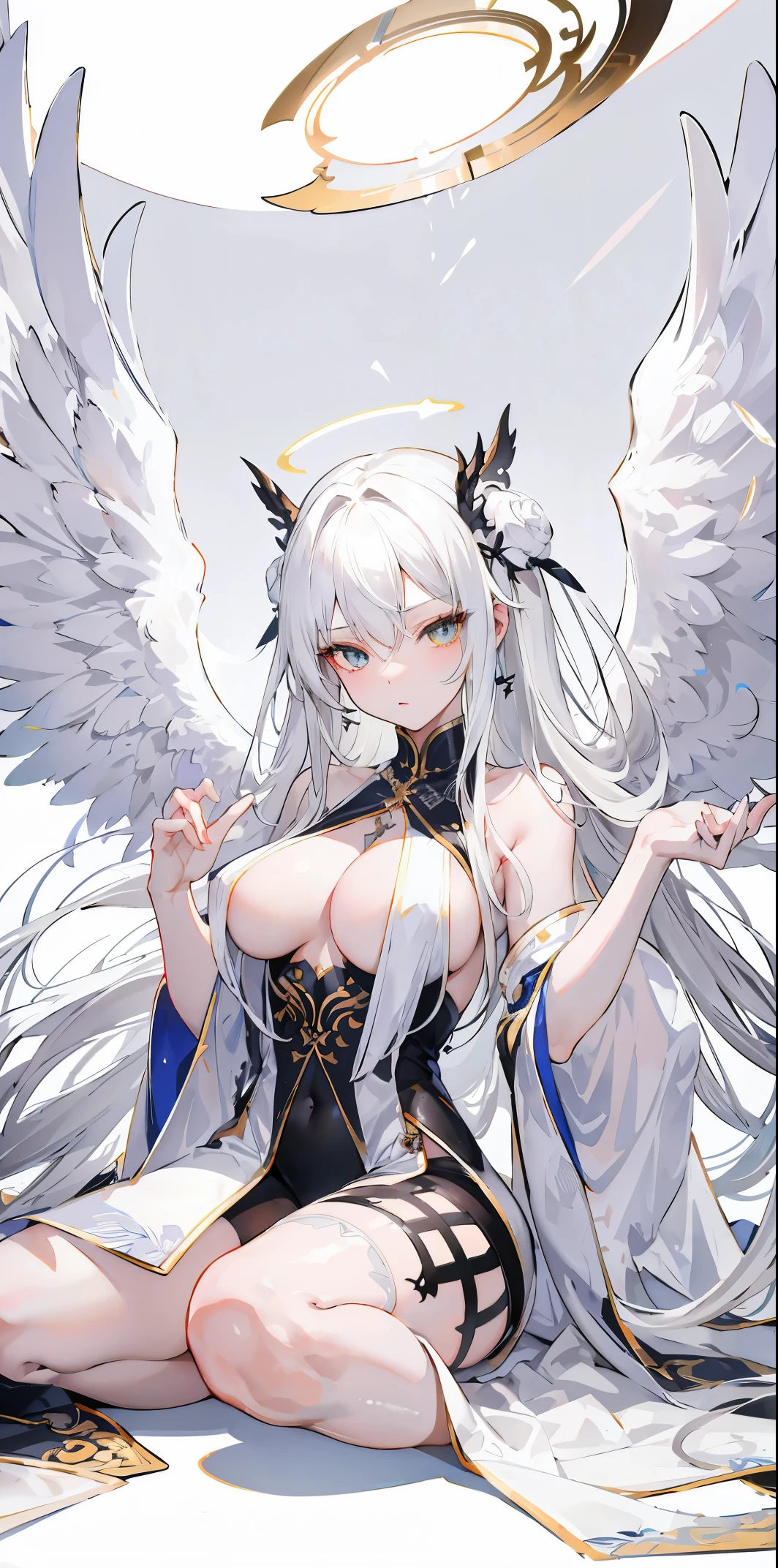 light skin color, white hair color long hair, Bigchest, 1:70,Kneeling,Sexy expression,shyexpression,Nero,White wings, angelicales蹲着, Overhead halo, yellow eyes, a sexy pose, angelicales, angelicales标记,hyper HD, White hair, eBlue eyes.Squat down and open your legs