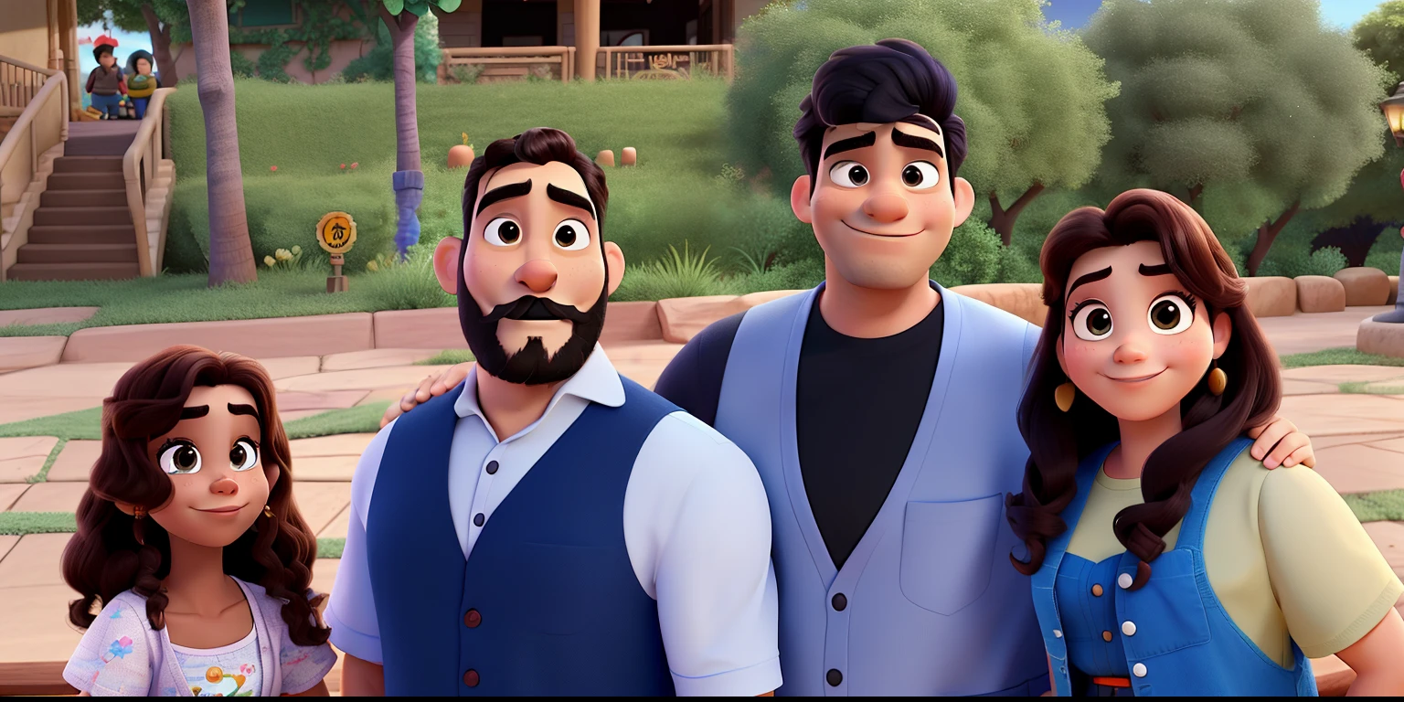 a disney pixar cartoon style family, homem da esquerda com baraba, homem da direita jovem de 15 anos, alta qualidade, melhor qualidade