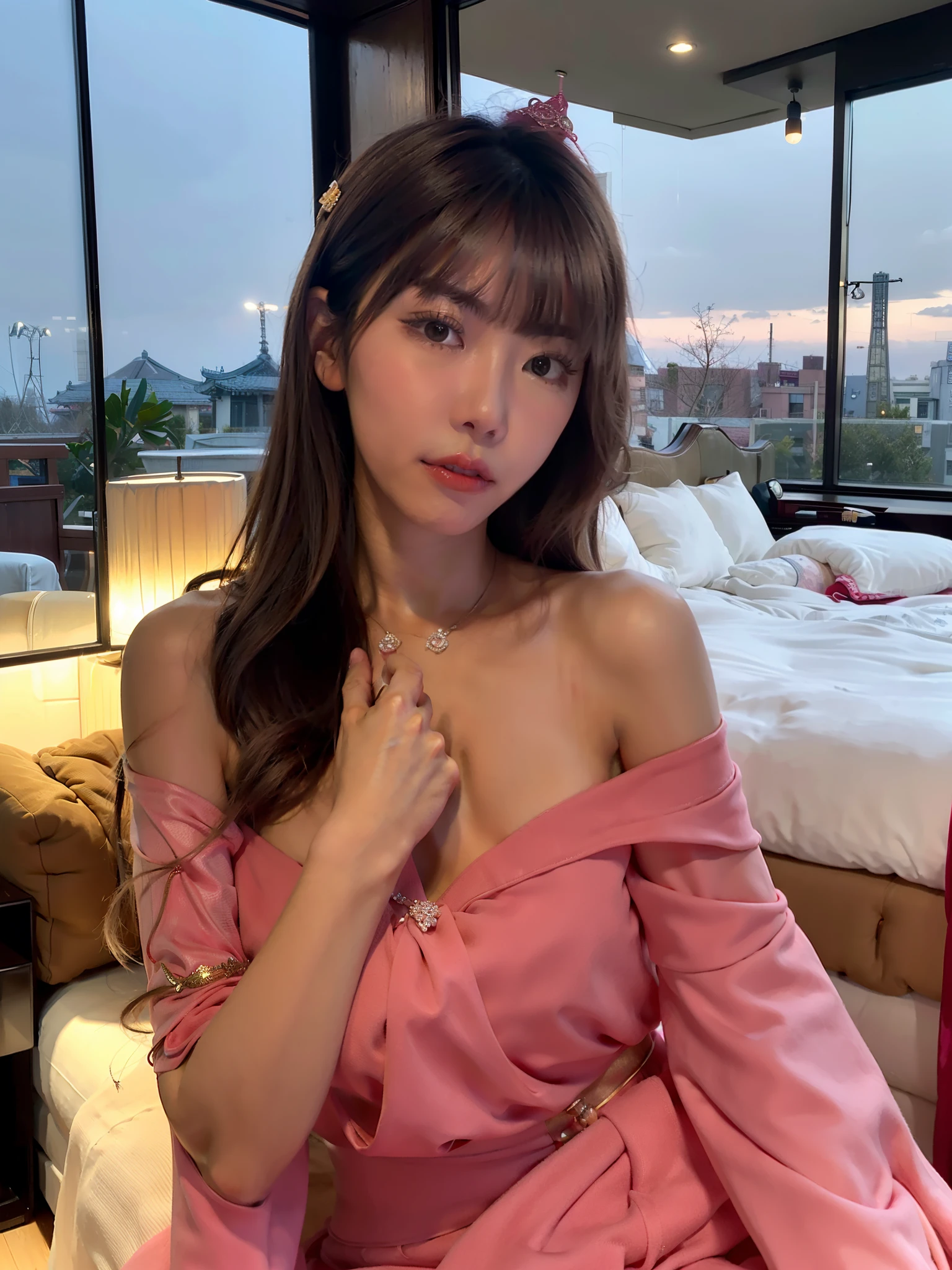 a woman in a pink dress sitting on a bed in a room, gorgeous young korean woman, beautiful south korean woman, korean girl, beautiful young korean woman, korean woman, jaeyeon nam, cute korean actress, heonhwa choe, beautiful asian girl, cute elegant pose, gorgeous chinese model, a cute young woman, korean artist