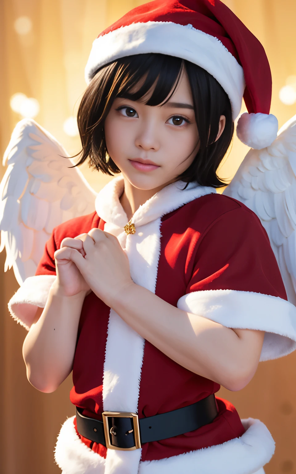 top-quality, 8K, ultra-detailliert, Pixar, (1 male:1.3), 22year old, Angelic appearance, (Short-haired black hair:1.5), Eyes are blue, Yancha Face, (With keen eyes:1.5), (Bad eyes:1.5), A smile, twinks, Bad character, (Little white angel wings:1.5), Wearing a cross necklace, (angelic red santa costume:1.5), (Red Santa Hats), 独奏, Bangs, male people, Joining hands, Face-centric