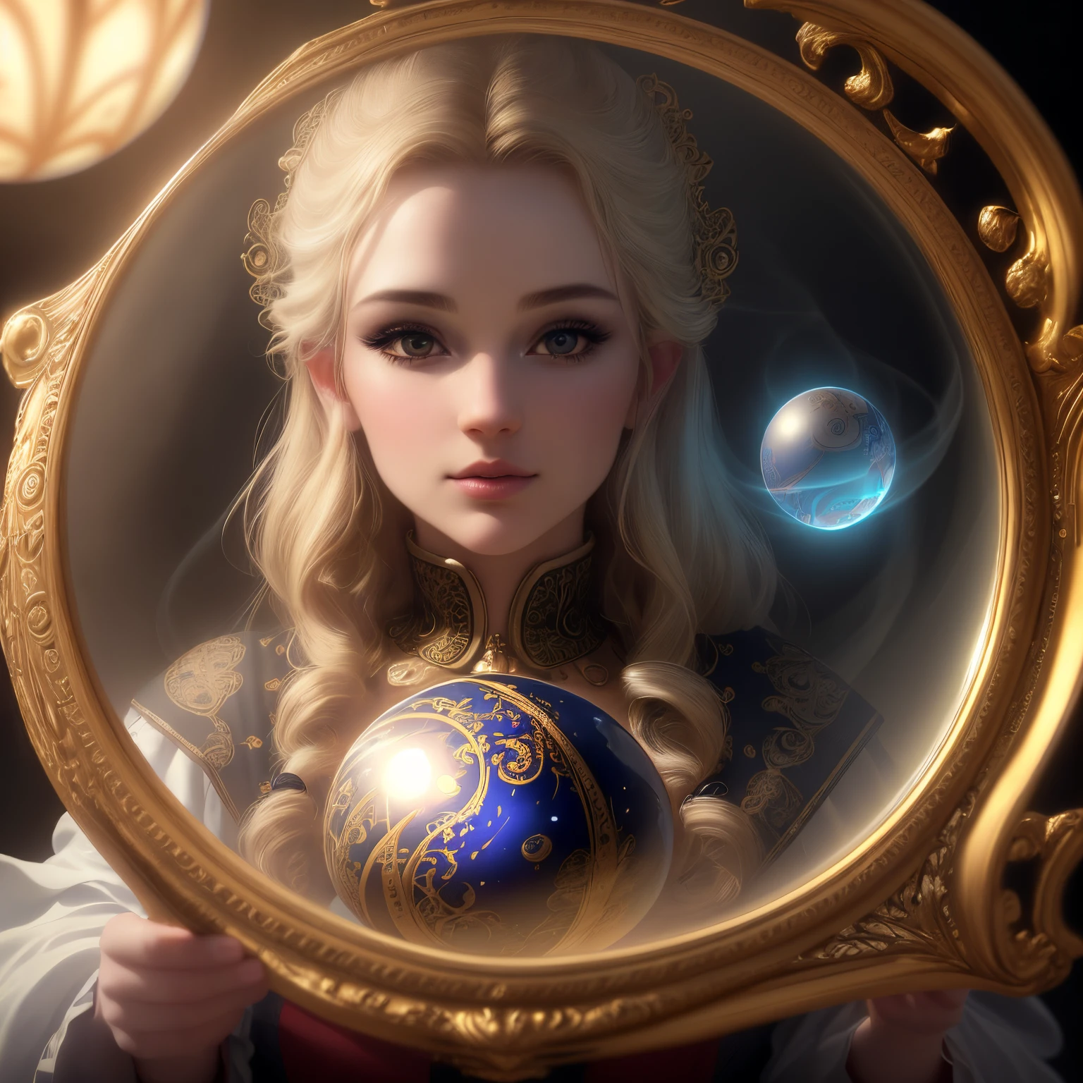 (best quality,4k,8k,highres,masterpiece:1.2),ultra-detailed,(realistic,photorealistic,photo-realistic:1.37),A crystal ball being watched by mysterious eyes,illustration,gorgeously decorated crystal ball,glimmering light,an enchanting fortune teller,deep and captivating gaze,vibrant colors,surrealistic style,evocative atmosphere,detailed facial features,golden ornate patterns,magical smoke rising from the ball,eerie shadows,dimly lit room