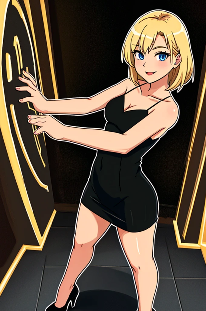 masterpiece, best quality, young blonde woman, medium hair, blue eyes, wearing a little black dress, blackdresslora, black high heels, looking at viewer, smile, nightclub background, disco lighting, standing up, seductive