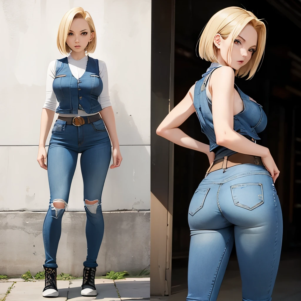 android18,full body,nsfw,large breasts,large ass,Denim Vest,White skinny,(Panty Line),Rear view