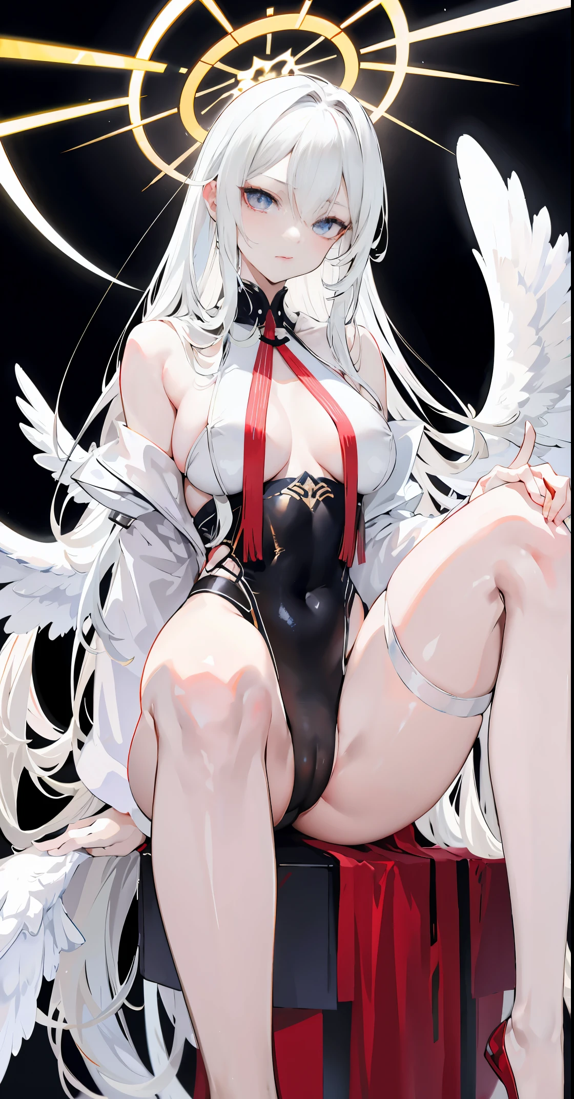 light skin color, white hair color long hair, Bigchest, 1:70,Squat and open your legs，sexy for，the shy，Nero，White wings, angelicales蹲着, Overhead halo, yellow eyes, sexy for姿势, angelicales,  angelicales标记,hyper HD， White hair, eBlue eyes.Squat down and open your legs