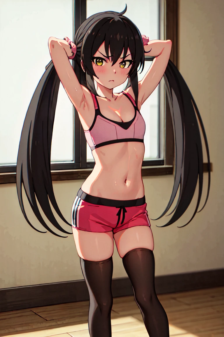 masterpiece, best quality, highres, Matoba risa, 1girl, solo, black hair, long hair with twintail, busty, super flat chest, cleavage, short pink hotpants, sport bra, blush, black thighhighs, looking at viewer, annoyed, blush, full body, standing, background, arms behind head, (erotic pose:1.4)