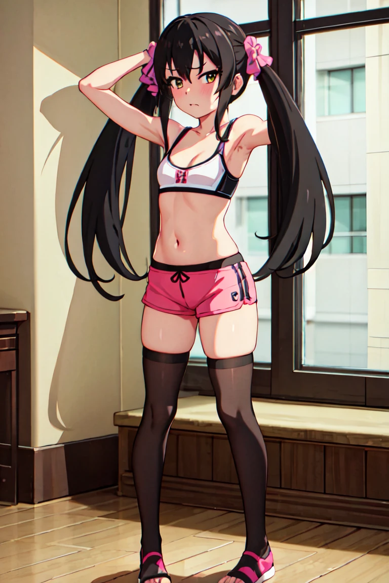 masterpiece, best quality, highres, Matoba risa, 1girl, solo, black hair, long hair with twintail, busty, super flat chest, cleavage, short pink hotpants, sport bra, blush, black thighhighs, looking at viewer, annoyed, blush, full body, standing,  background, arms behind head, (erotic pose:1.4)