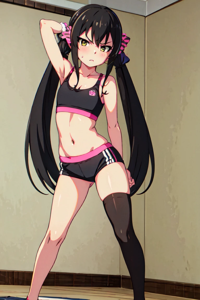 masterpiece, best quality, highres, Matoba risa, 1girl, solo, black hair, long hair with twintail, busty, super flat chest, cleavage, short pink hotpants, sport bra, blush, black thighhighs, looking at viewer, annoyed, blush, full body, standing,  background, arms behind head, (erotic pose:1.4)