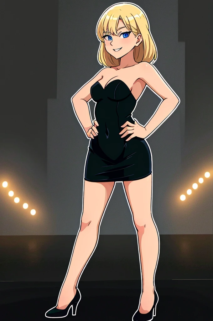 masterpiece, best quality, young blonde woman, medium hair, blue eyes, wearing a little black dress, blackdresslora, black high heels, looking at viewer, smile, nightclub background, disco lighting, standing up, hands on hip, seductive