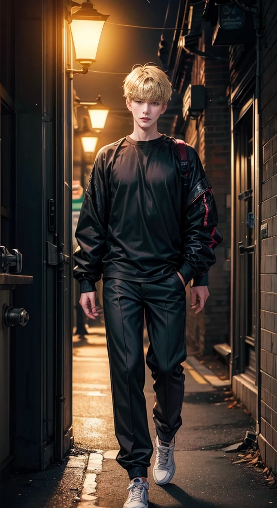 One boy, night time, neonlight, Black clothes with LEDs, 8K,  looking a viewer, blonde man